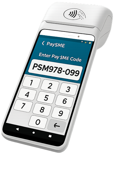 PaySME payment terminal showing code PSM978-099