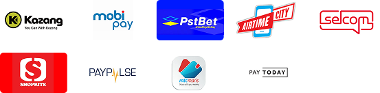 Vendor logos including Kazang, mobipay, PstBet, Airtime, Selcom, Shoprite, PayPulse, and others